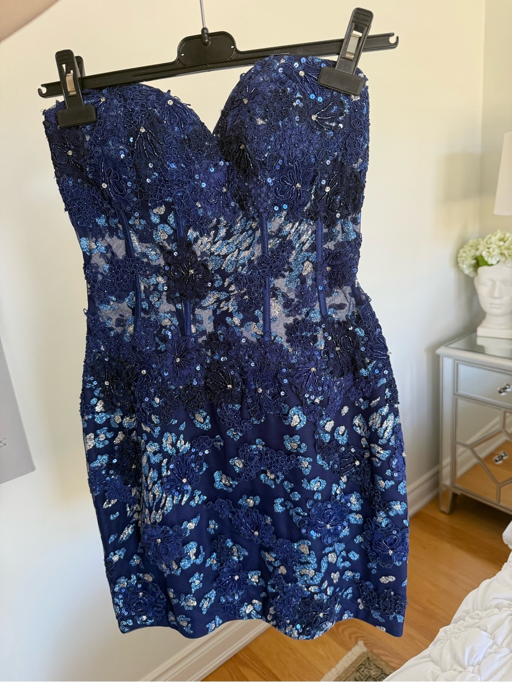Strapless Navy Blue Embellished Cocktail Dress